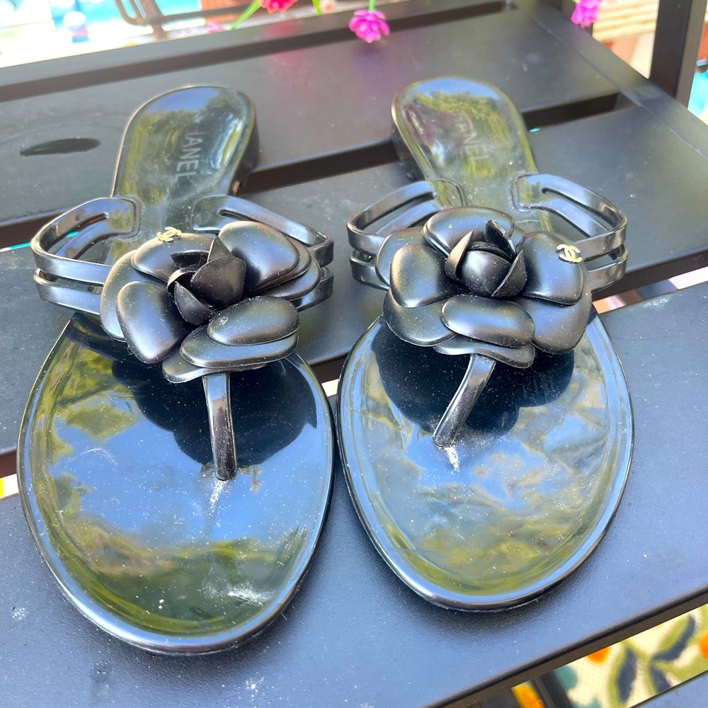 Chanel flower flip flops